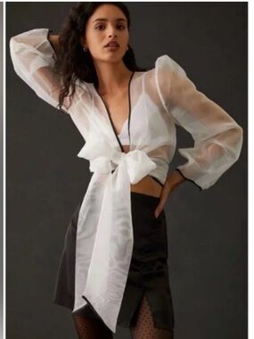 Anthropologie Sheer White Blouse with Black Trim Size X-Small NWT